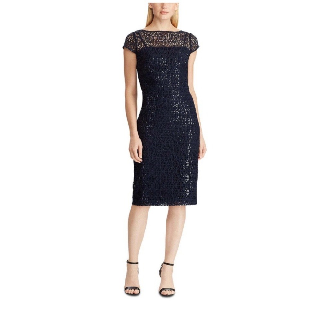 Lauren Ralph Lauren Sequined Lace Sheath Dress sz‎ 14 Cap Sleeve Navy Blue